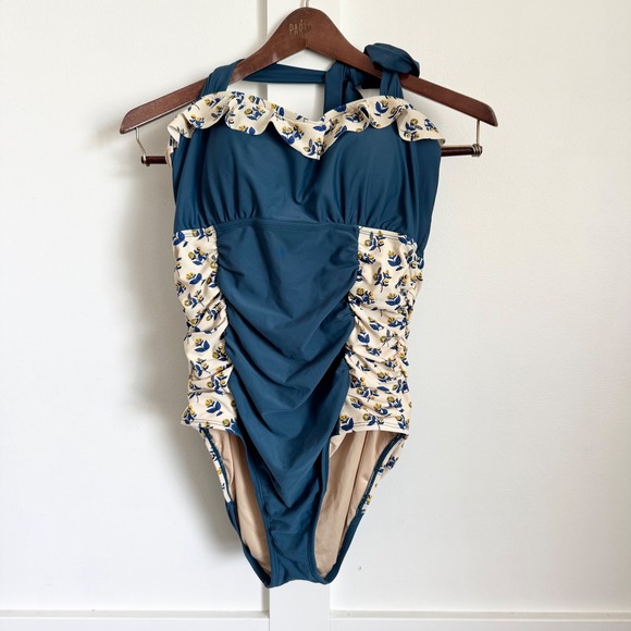 Matilda Jane Other - Matilda Jane Blue & Yellow Floral Ruched 'Bathing Beauty' One-Piece Swimsuit L
